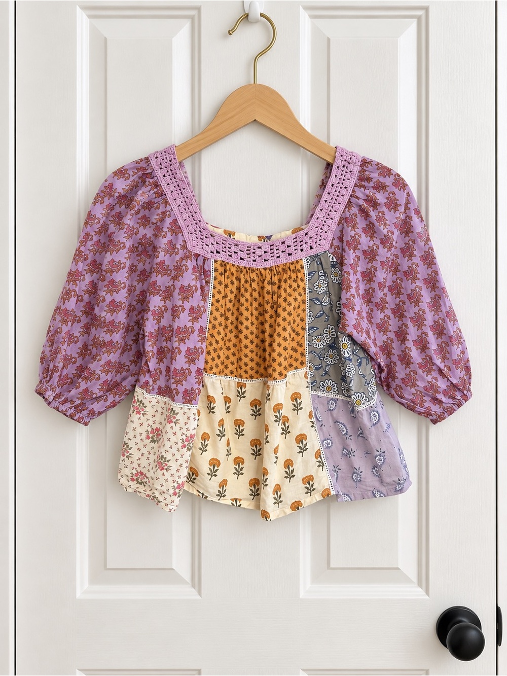 Zara Girls 13-14 Patchwork Floral Boho Blouse Crochet Neckline